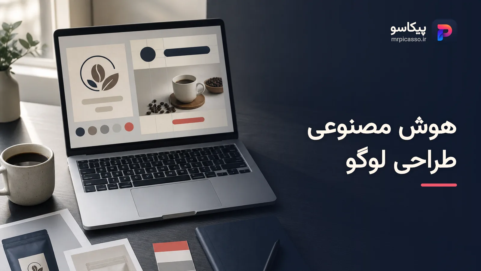 نمای بالا از میز کار مرتب با لپ‌تاپی در سمت چپ که پیش‌نمایش لوگو و بنر تبلیغاتی یک برند قهوه را نشان می‌دهد.