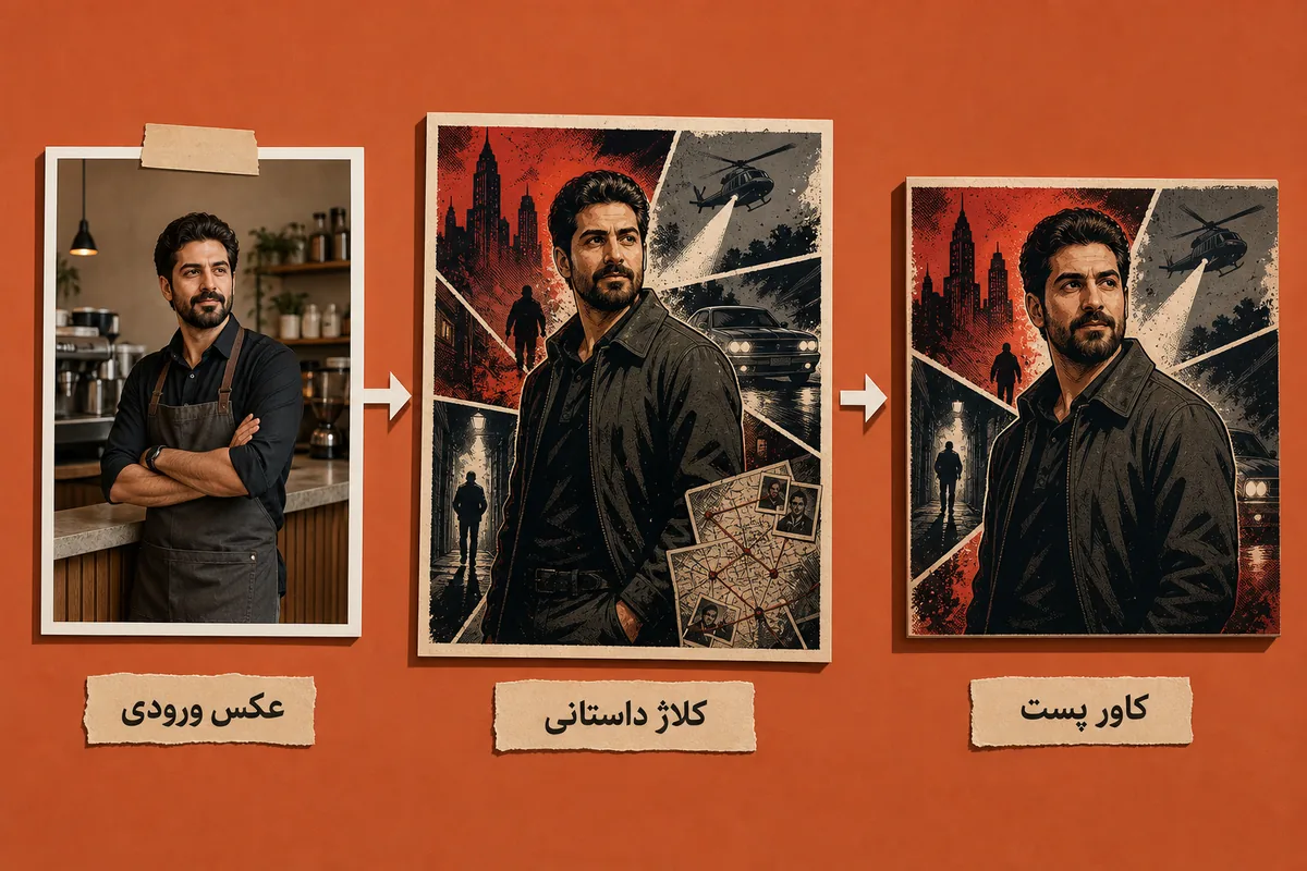 نمودار سه‌مرحله‌ای از عکس مدیر کافه کنار پیشخوان، تبدیل آن به کلاژ داستانی و استفاده از نتیجه به‌عنوان کاور پست