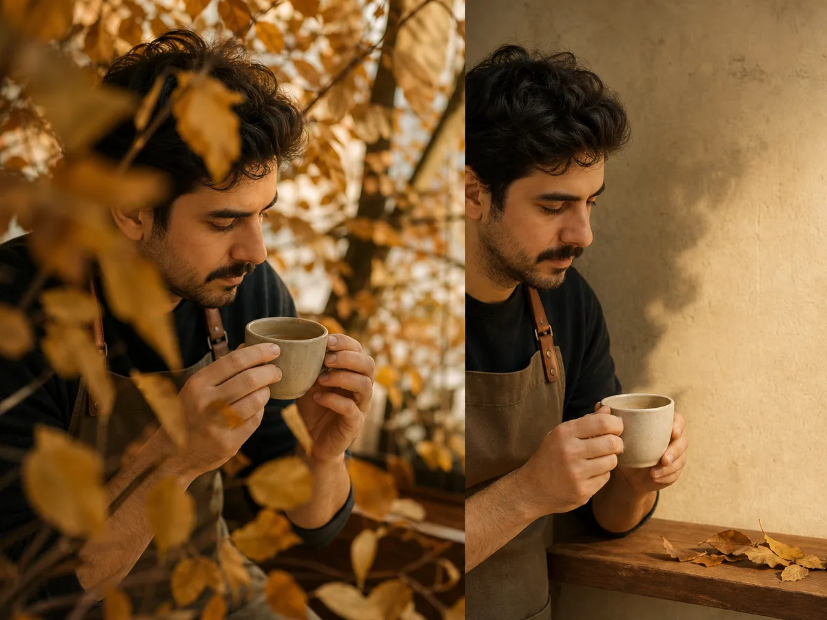 تصویرسازی فرضی از دو کادر کافه؛ برگ‌های مزاحم در کادر اول و سوژه مشخص با فضای خالی عنوان در کادر دوم.